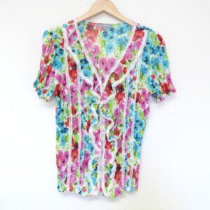 NY Collection red green blue pink floral crinkle ruffle top lace trim size XL